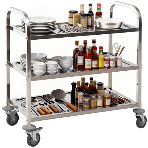 HOMCOM Carrito Auxiliar con Ruedas de Acero Inoxidable 90,5x50,5x88,2 cm Carrito de Cocina con Bandejas y 2 Brazos Carga 150 kg para Comedor Hotel Salón de Belleza Plata