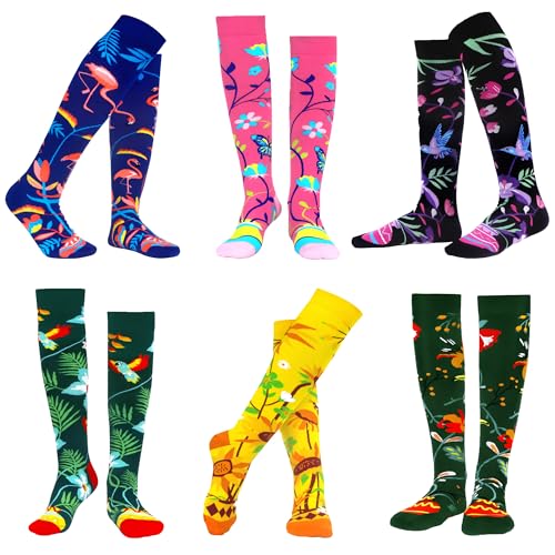 WeciBor 6 pares de calcetines coloridos divertidos para mujer, algodón peinado, novedad, diseño de calcetines hasta la rodilla, Rosa/Negro/Amarillo/Azul/Multicolor Flores-6D, 39-42