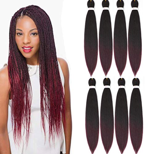 Ombre Pre-Stretched Braiding Hair Extensions 8 Packs Hot Water Setting Yaki Straight Itch Free Braiding Hair Low Temperature Synthetic Fibers Professional Crochet Braiding Hair(24 inch,#1B/99j)