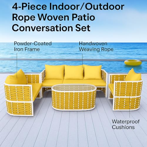 Image of LOCCUS 4-Piece Indoor /Outdoor Rope Woven Patio Conversation Set, Modern Sofa with Powder-Coated Iron Frame & Waterproof Cushions for Balcony, Backyard, Living Room, Garden (Yellow)
