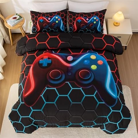 Meeting Story 3Pieces Game Console Comforter Set for Boys Girls Kids Geometric Lightweight Microfiber Gamepad Modern Gamer Gaming Printed Bedding Set(Twin,Blue-Red) Cover