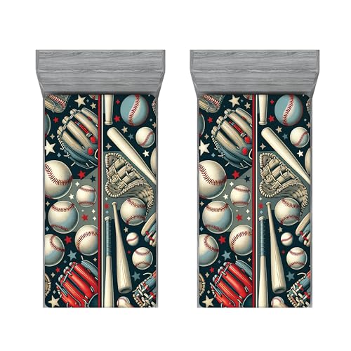 Ambesonne Baseball 2 Pack Fitted Sheet, Traditional Sports Balls, Bed Cover All-Round Elastic Deep Pockets 2 Pieces, Package Contains 2 Twin Size Fitted Sheets, Dark Pink Blue Grey Dusk