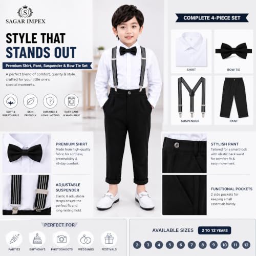 Image of SAGAR IMPEX Boys Cotton Blend Solid Full Sleeves Shirt and Pant Set with Suspender and Bow Tie | Clothing Set for Boys