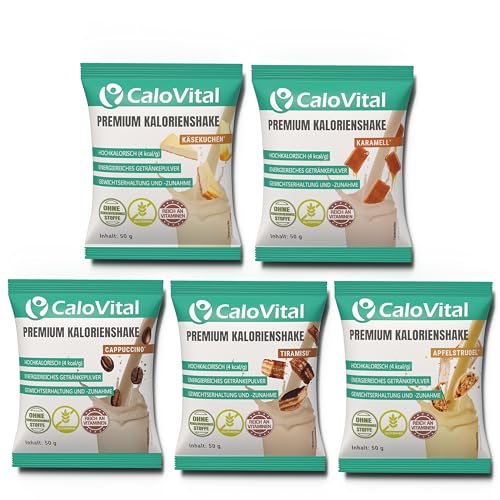CaloVital Probierpaket Trinknahrung hochkalorisch für schnelle Gewichtszunahme als Astronautennahrung bei Untergewicht | Trinkmahlzeit zum Zunehmen | Zunehmen Shake 50g Pulver (5er Pack Dessert)