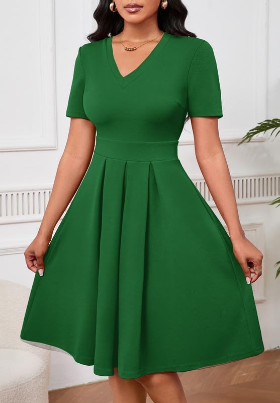 Women Summer Short Sleeve Dress V Neck Semi Casual Fit and Flare Church Wedding Guest Work Dresses with Pockets - Image 5