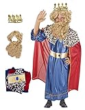 Gojoy shop-Disfraz de Rey Mago Melchor,Baltasar,Caspar para Niños Navidad Carnaval (Contiene:Corona,Barba，Túnica,Capa,Cinturón y Mochila de Cuerdas.) (Rey Mago Caspar, 10-12 años)
