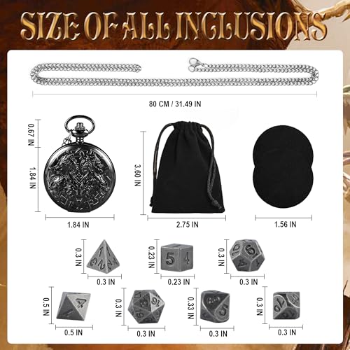 Image of Kabinka DND Dice Set, 7pcs Mini Metal Dice with Pocket Watch Shell, Portable D&D Dic with Necklace, Dungeons and Dragons Dice for RPG(Five-Headed Dragon, Black)