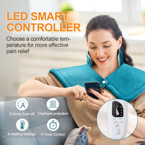 Image of Heating Pad for Neck and Shoulders, 2lb Weighted Neck Heating Pad for Back Pain Relief 6 Heat Settings, 4 Auto-Off Timer, Gifts for Women Men Mom for Christmas, Birthday, Mother's Day,17 inchx23 inch Sky Blue