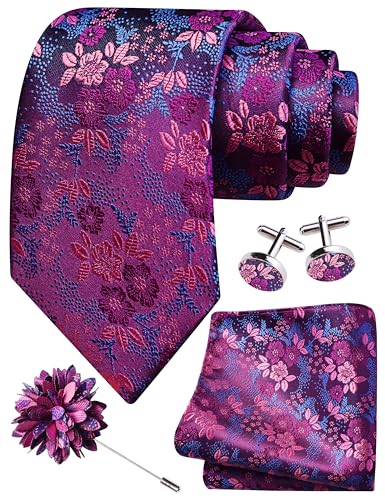 Image of GUSLESON 3.15 inch(8cm) Mens Floral Tie and Lapel Pin Necktie Hankerchief Cufflinks Set for Men