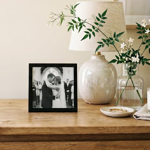 Image of Americanflat 4x4 Picture Frame with Shatter-Resistant Glass - Streamline Collection - Thin Border Square Frame for Tabletop and Wall Display - Hanging Hardware and Easel Stand Included - Black