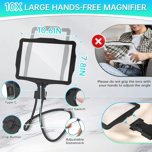 Large 10X Magnifying Glass with Light, Hands Free Magnifying Glass for Reading, Full Book Page Magnifier with 50 LED Lights, Flexible Gooseneck Magnifiers for Seniors Low Vision (Black)