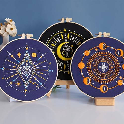 Image of GLTAYLMY 3 Set Tarot Embroidery Starter kit with Patterns and Instructions, DIY Adult Beginner Cross Stitch Kits, Including 1 Plastic Embroidery Rings,Colored Threads and Needles