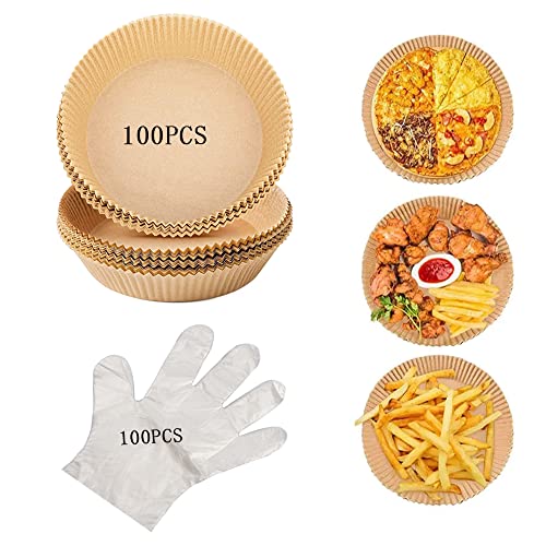 Air Fryer liners Disposable Paper liner,Round Non-Stick Air Fryer Paper liners,With 100 Pcs Disposable gloves, for Air Fryer, Microwave Oven, Frying Pan, Oil-proof,Waterproof (100Pcs-6.3 in)