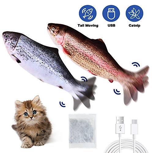 PetIsay Eléctrica Pez Gato Pateador Juguete con Hierba Gatera, Pez de Juguete en Movimiento Realista, Juguete Gato Pez Bailando(Salmon + Rainbow Trout)