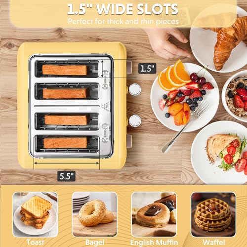 Image of BUYDEEM DT640 Retro 4 Slice Toaster, 7 Shade Settings, Extra Wide 1.5'' Slots, Stainless Steel Toaster with Bagel Muffin Defrost Reheat Function, Yellow
