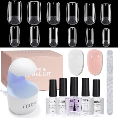 AILLSA Gel Nail Tips Kit Short Square Nail Tips 240pcs with 2 In 1 Nail Glue Base Coat and Nail Dehydrator, Nail Extension Kit with Nail Lamp Top Coat for Starters Home Salon