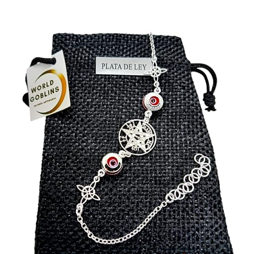 WORLD GOBLINS Pulsera Tetragramatón Plata 925 con Ojo Turco y Nudo de Bruja | Amuleto Protección Mujer | Joyería Artesanal. Hecha en España Ajustable 17.5-21cm Regalo para Mujer Original