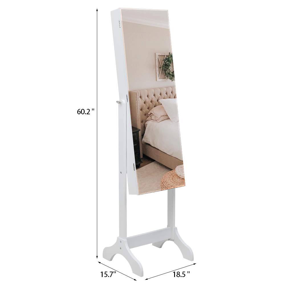 LEADZM Armoire à Bijoux sur Pieds, Meuble de Rangement Cosmétiques, Organisateur de Bijoux avec Grand Espace de Rangement pour Chambre, Placard à Accessoires avec Miroir, Verrouillable, Blanc Boisé