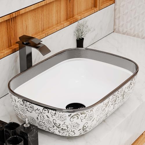 Image of InArt Designer table top wash basin for bathroom /bathroom sink /cabinet wash basin /ceramic basin /counter top basin /vanity washbasin in Rectangle Shape Silver White 45.5 x 32 x 13.5 cm