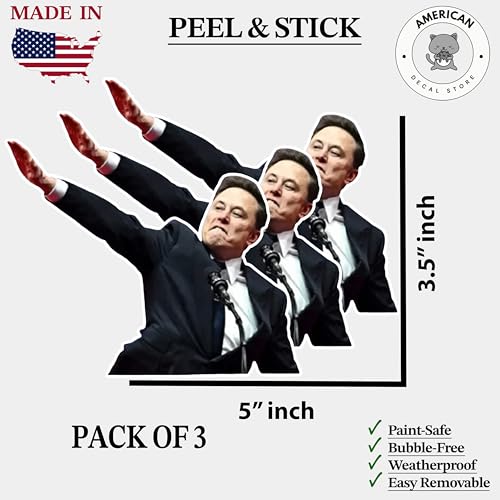 Image of Elon Funny Face Roman Salute Sticker - Vinyl Decal Pack of 3 - 5 Inch Wide by 3.5 Inch Height - Waterproof and Removable Decals for Cars, Laptops, Water Bottles, Windows, Toolboxes, Meme Sticker