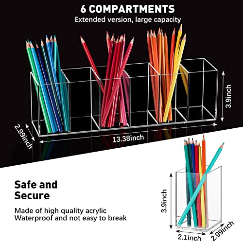 Image of Jetec Acrylic Pen Holder 6 Compartments Makeup Brush Stationery Organizer Pencil Holder for Desk Accessories, Cosmetic Brushes, Dorm, Home, Bathroom, Kitchen, Office Supplies(Clear)