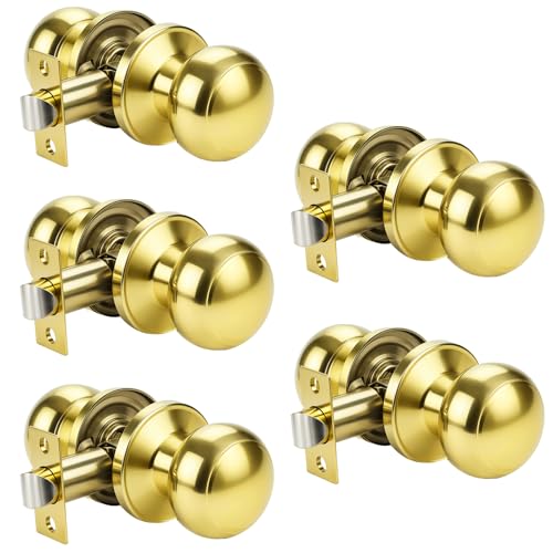 KNOBWELL 5 Pack Passage Door Knob for Hallway or Closet, Round Interior Door Knobs, Indoor Door Knob, Keyless Door Door Handle Lock, Polished Brass by KNOBWELL - Used condition - US$34.08