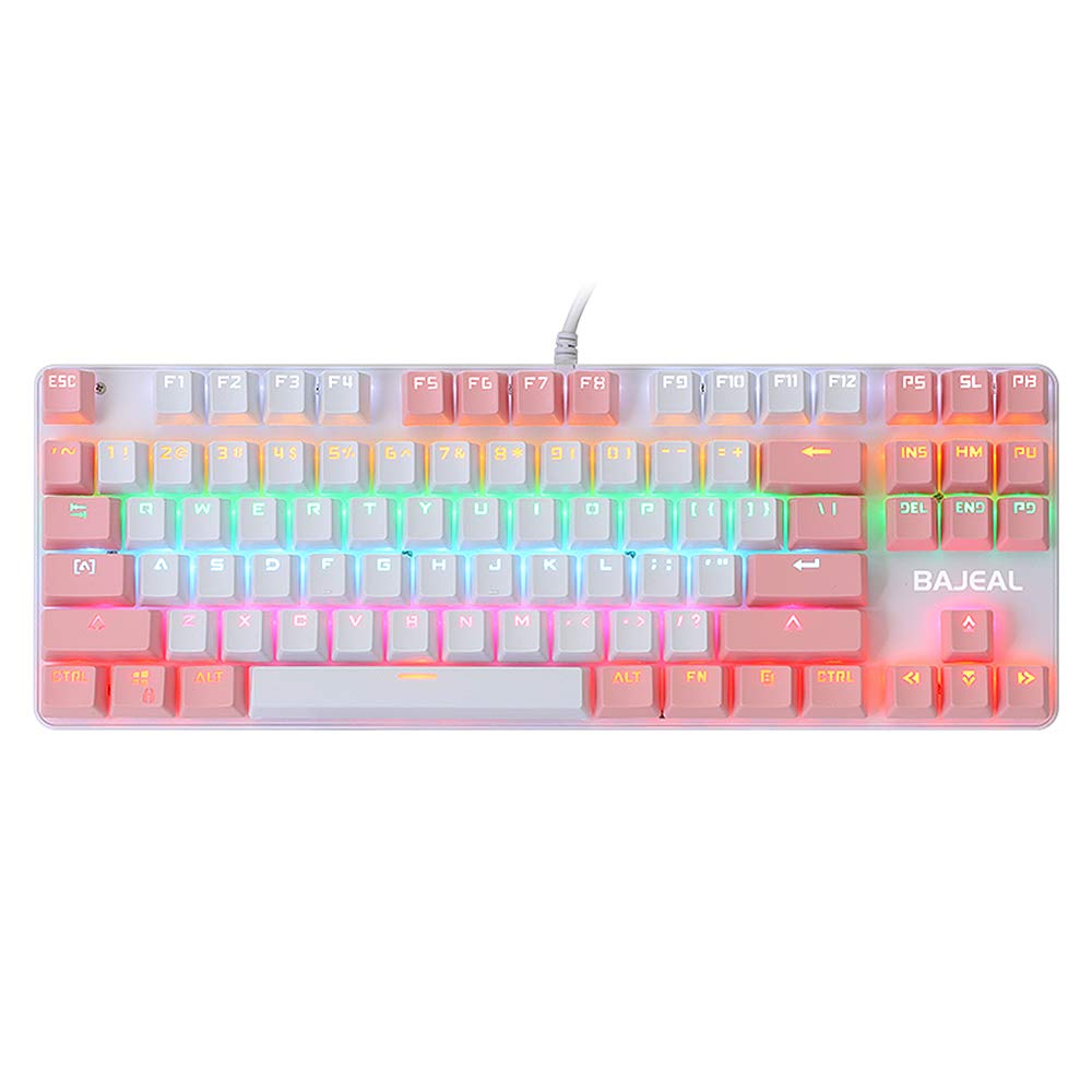 Eacam 87 Keys Wired Mechanical Keyboard Mixed Light Mechanical Keyboard with Mechanical Blue Switch Suspension Button White+Blue White&Pink