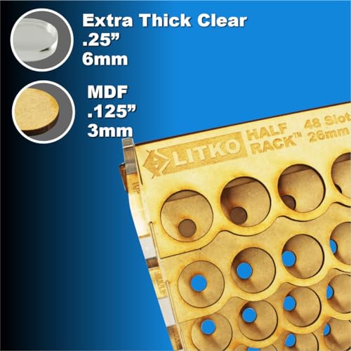 Image of Paint Rack | Holds 48 18mL Dropper Bottles | Wall Mount | Workbench | Fits Vallejo, Army Painter, AK & 26mm paints | 24x12x4in acrylic & MDF | Store upright or inverted | No-glue tab-&-slot