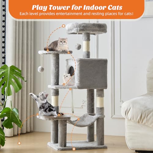 Image of Sweetcrispy 44 Inch Cat Tree Tower, Cat Climbing Tower with Natural Sisal Scratching Posts, Hammock, Pet Condo for Indoor Cats and Kittens Play, Light Grey