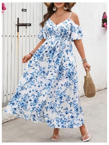 Image of Floerns Women's Plus Size Cold Shoulder Short Sleeve Split Thigh Long Dress