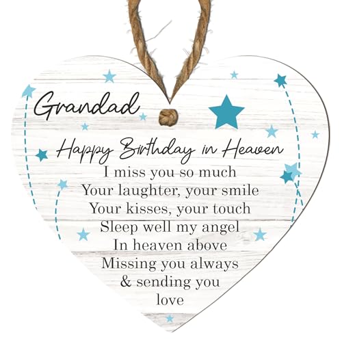 Targa commemorativa per il nonno con scritta "Happy Birthday in Heaven", personalizzabile con scritta in lingua inglese "Grandad" (lingua italiana non garantita), a forma di cuore, regalo
