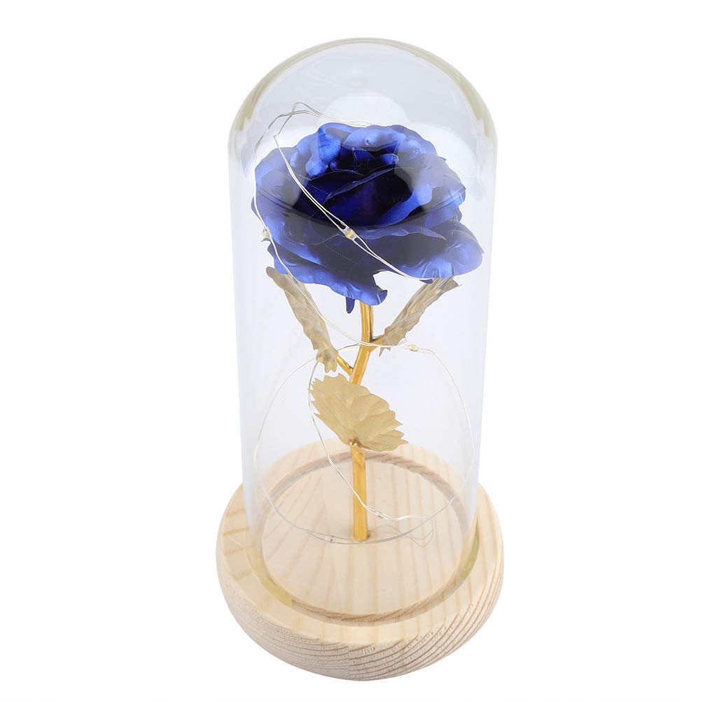 Rosa en cúpula de cristal azul con luces LED de 8.66'' flor preservada para San Valentín