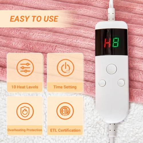 Image of Heated Blanket Electric Throw, Soft Flannel Heating Blanket with 8 Hours Auto Off 10 Fast Heating Levels Machine Washable Sherpa Heated Blanket with Overheating Protection