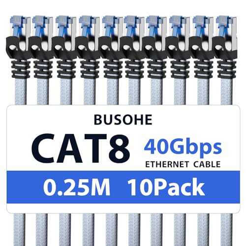 BUSOHE Cat 8 LAN Kabel 0,25m (10-St&uuml;ck), 40Gbps 2000MHz Ethernet Kabel Netzwerkkabel, Flach Hochgeschwindigkeits Gigabit RJ45 Patchkabel, Geflochtener Internet Kabel Kompatibel mit PC, Router, Modem