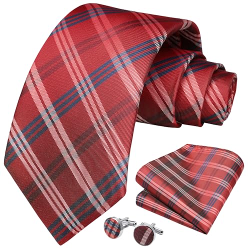 Image of HISDERN Mens Ties Set Stripe Plaid Ties for Men and Pocket Square Cufflinks Formal Silk Necktie Wedding Business