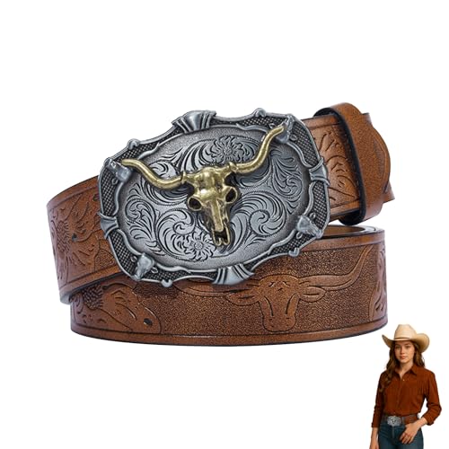 Menibeuty Cinturón vaquero para hombre, para hombres, mujeres, estilo western, con estampado de toro Longhorn, cinturón de hebilla de Texas grabado Floral Longhorn Bull120 (cintura de 93.5-100 cm)