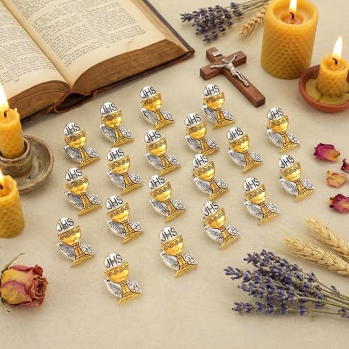 Image of Hoteam 50 Pcs First Communion Enamel Lapel Pins Bulk Chalice with Grapes and Wheat Gold Plated Religious Pins Gifts for First Holy Communion Catholic Baptism Christian Memorial Favors