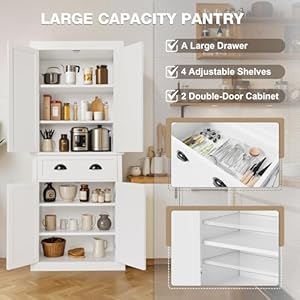 Furmax 72" Kitchen Pantry Cabinet, Tall Storage Cabinets with a Drawer, 2 Cabinets, 4 Adjustable Shelves, Modern Freestanding Cupboard for Kitchen, Dining Room, Living Room and Bathroom (White) Furmax 72 Kitchen Pantry Cabinet Tall Storage Cabinets with a Drawer 2 Cabinets 4 Adjustable Shelves Modern Freestanding Cupboard for Kitchen Dining Room Living Room and Bathroom White