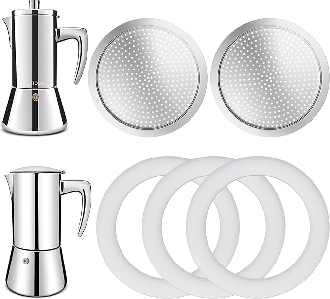 DITOSH 2 Pcs Filter with 3 Pcs Silicone Gasket Seals for 4 Cup Stovetop Espresso Coffee Maker Replacement Parts for 304 Stainless Steel Moka Pot