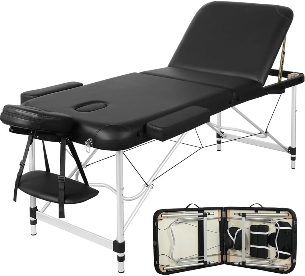 Yaheetech Massage Tables Portable Tattoo Table Adjustable Lash Bed Aluminium 3 Folding Spa Bed with Non-Woven Bag 28 inch Wide Black