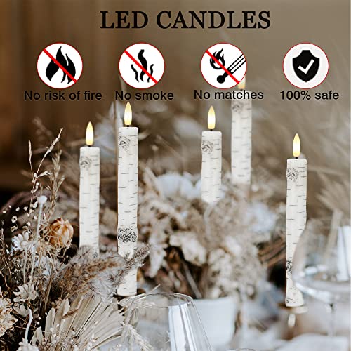 Image of Birch Bark Flameless Taper Candles with 3D Wick, 9.6 inch Real Wax LED Candles | Flickering Candlesticks Battery Operated, Electric Candle with 2 Remote & Timer, For Home, Wedding, Party, Decor, 6 Pack