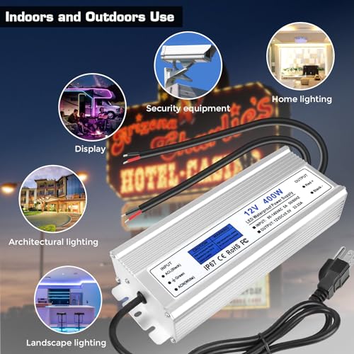 Image of 12V 400W LED Driver Power Supply, IP67 Waterproof Low Voltage Transformer, AC to DC 12V 33.3A Constant Voltage Converter for Outdoor LED Strip Lights, Landscape Lighting, Computer Project, Outdoor Use