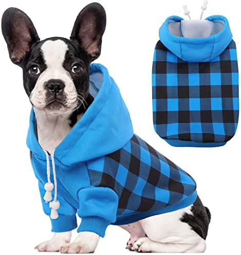 Dog Hoodie for Small Medium Dogs Cats, Soft Dog Sweatshirt, Plaid Puppy Pullover Hoodies for Small Dogs Boy Girl, English French Bulldog Hoodie, Warm Fleece Dog Winter Coat Outfit Vest,Blue XS