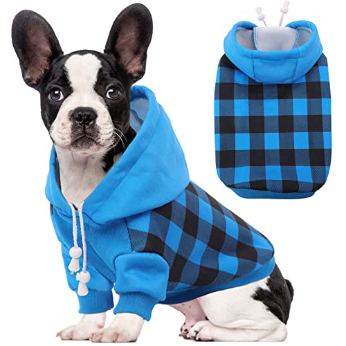 Dog Hoodie For Small Medium Dogs Cats, Soft Dog Sweatshirt, Plaid Puppy Pullover Hoodies For Small Dogs Boy Girl, English French Bulldog Hoodie, Warm Fleece Dog Winter Coat Outfit Vest,Blue Xs #TOP5