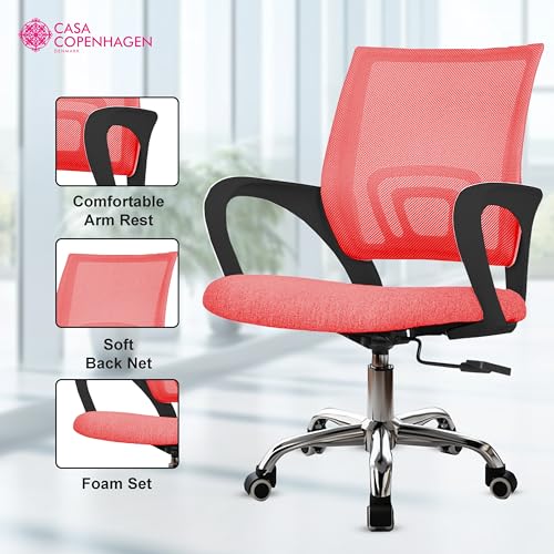 Image of Casa Copenhagen Mesh Mid Back Office /Study /Computer /Revolving /Desk Chair for Work from Home -Metal Base, Height Adjustable Seat- Rum Red & Black Handle