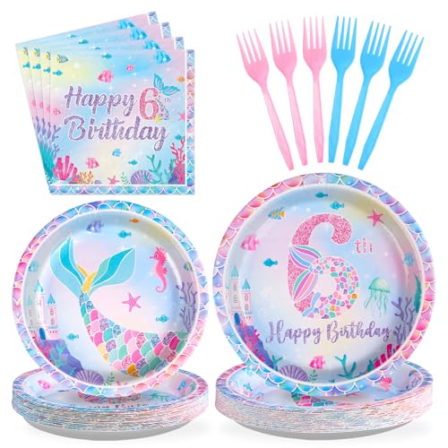 96Pcs Mermaid 6th Birthday Party Decorations for Girls Little Mermaid Plates and Napkins Tableware Sets Under the Sea Theme Decorations for Baby Shower 6 Years old Party Supplies Serves 24