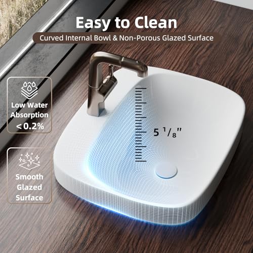 Image of 20″W x 17″D Drop In Bathroom Sink with Free Pop-Up Drain, White Ceramic Rectangular Semi Recessed Bathroom Sink with Single Faucet Hole, Modern Vessel Sink, Durable Above Counter Basin