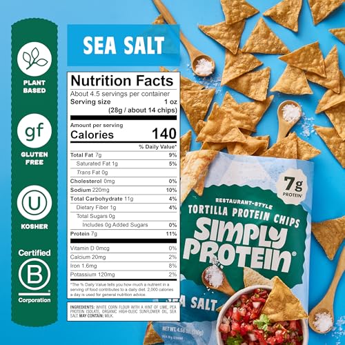 Simply Protein - Tortilla Chips, Restaurant Style Protein Chips, Sea Salt (3-Pack) - 7g Protein, 140 Calories, Gluten Free, Vegan - Plant Based Protein Snacks - Healthy Snacks - 3 Bags, 4.58oz (130g) - Thumbnail 2