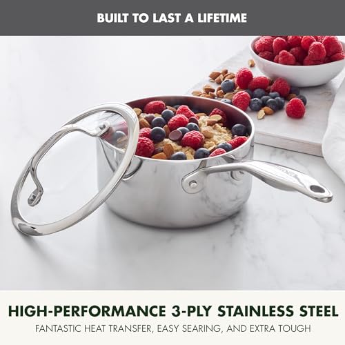 Image of GreenPan Valencia Tri-Ply Stainless Steel 1.6QT Sauce Pan with Lid, Induction Ready, Mirror Finish, Dishwasher Safe & Oven /Broiler Safe to 600F, Compatible with All Cooktops, Chefs Cooking Pot