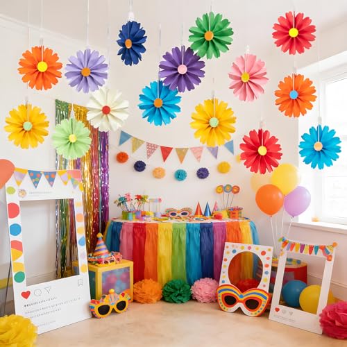 Image of PAPER JAZZ 15pcs Colorful Paper Flower Fiesta Paper Fan Party Decorations, Mini Mexican Hanging Ornaments,Rainbow Paper Daisy with Small Flower for Spring Summer Easter Party